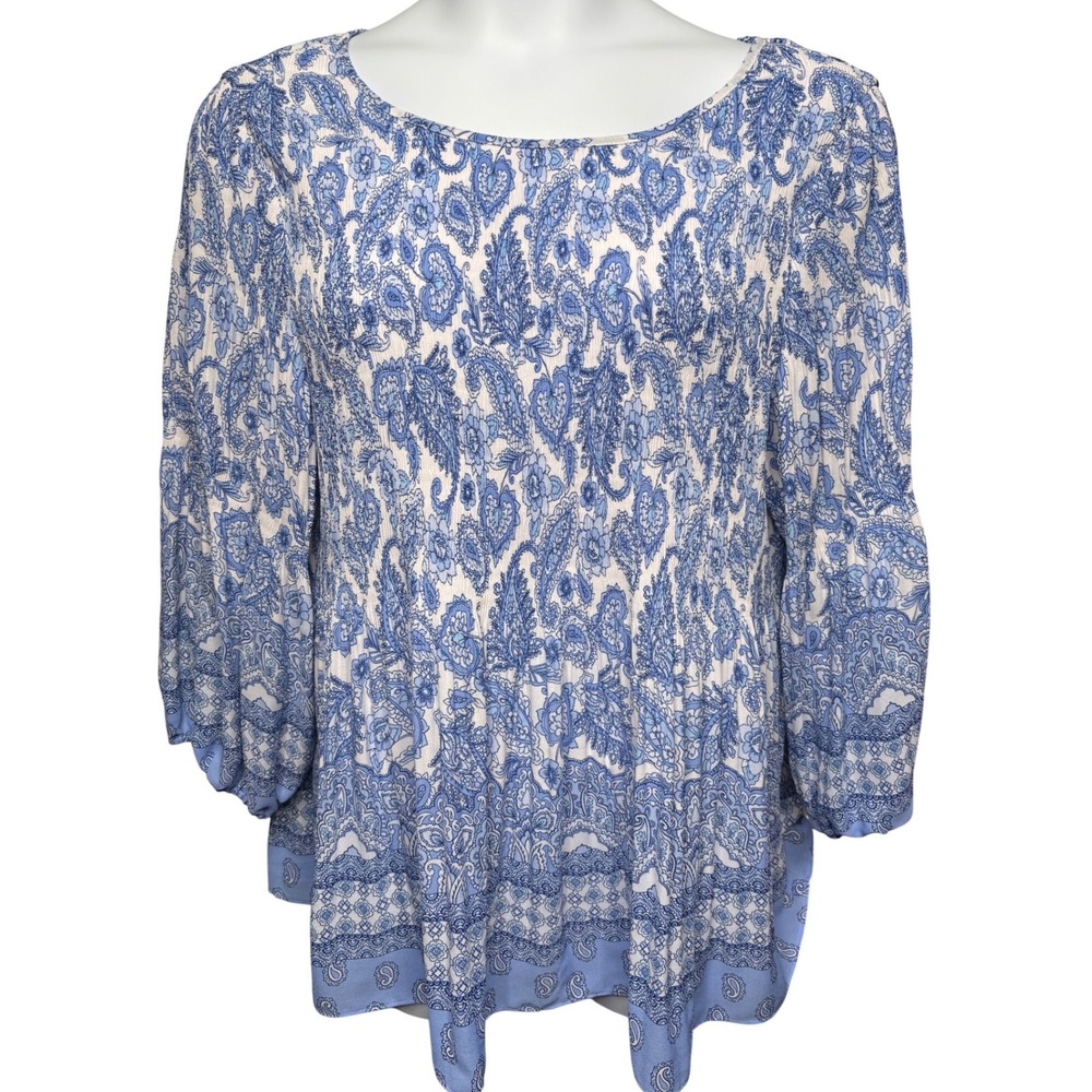 FLORAL & IVY Womens Blue Paisley Smocked Plisse Peplum Peasant Blouse 2X Flowy